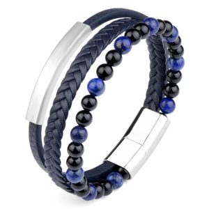 Stainless Steel Magnetic Buckle Punk Multicycle Beads Agate Natural Stone Bangle